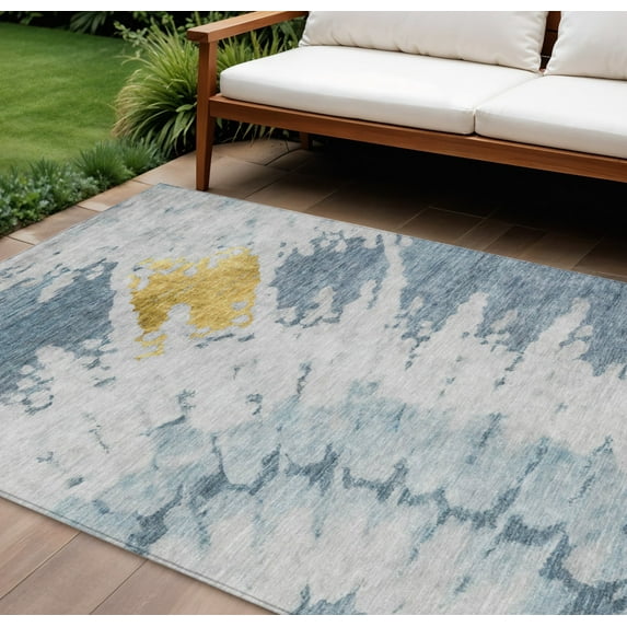 HomeRoots 578297 10 x 14 ft. Abstract Washable Indoor & Outdoor Rectangle Area Rug, Denim Blue & Sky Blue