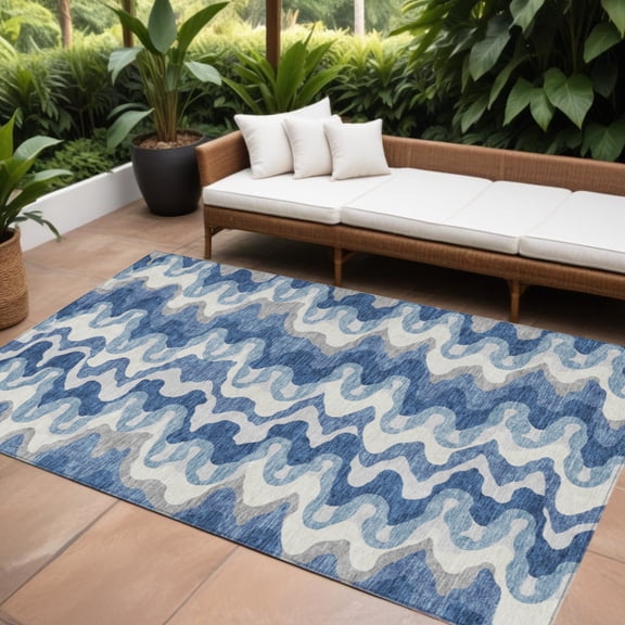 10' X 14' Navy Blue And Sky Blue Abstract Washable Indoor Outdoor Area Rug