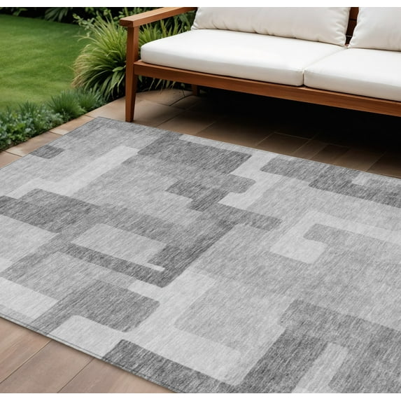 HomeRoots 584169 10 x 14 ft. Abstract Washable Indoor & Outdoor Rectangle Area Rug, Silver & Charcoal
