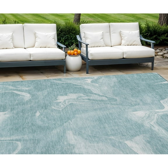 10' X 14' Teal Blue And Aqua Abstract Washable Indoor Outdoor Area Rug