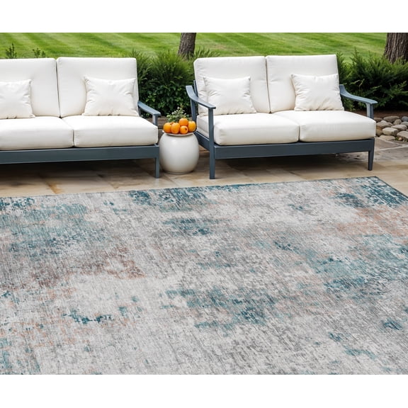 10' X 14' Teal Blue Beige And Copper Abstract Washable Indoor Outdoor Area Rug