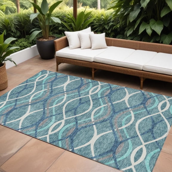 HomeRoots 585309 10 x 14 ft. Abstract Washable Indoor & Outdoor Rectangle Area Rug, Teal Blue, Navy Blue & Gray