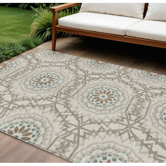 10' X 14' Beige Brown And Teal Blue Floral Medallion Washable Indoor Outdoor Area Rug