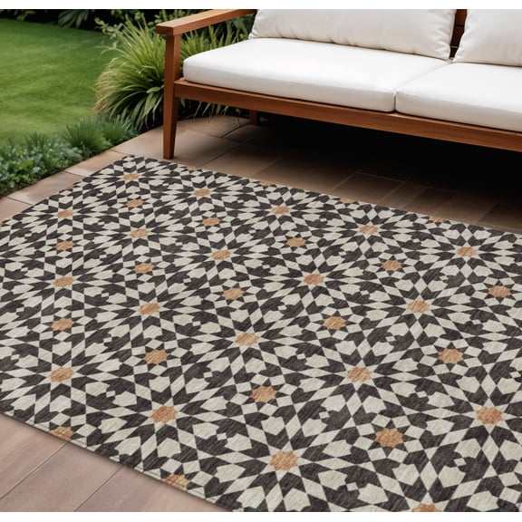 10' X 14' Charcoal Silver And Copper Floral Medallion Washable Indoor Outdoor Area Rug