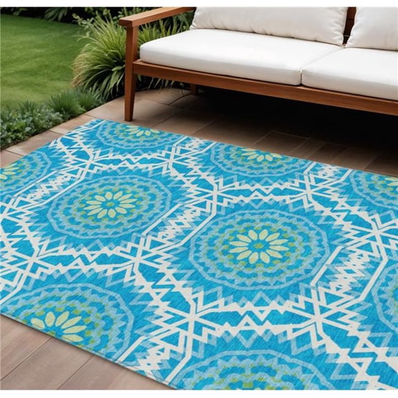 HomeRoots 578591 10 x 14 ft. Floral Medallion Washable Indoor & Outdoor Rectangle Area Rug, Ivory & Sky Blue