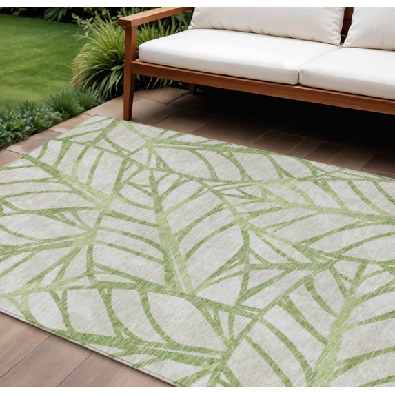 10' X 14' Artichoke Green And Beige Floral Washable Indoor Outdoor Area Rug