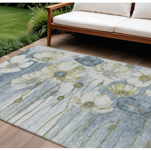 10' X 14' Denim Blue And Sky Blue Floral Washable Indoor Outdoor Area Rug