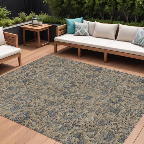 HomeRoots 586281 10 x 14 ft. Floral Washable Indoor & Outdoor Rectangle Area Rug, Khaki, Beige & Gray