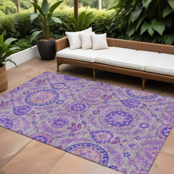 HomeRoots 584919 10 x 14 ft. Floral Washable Indoor & Outdoor Rectangle Area Rug, Lavender, Lilac & Gray