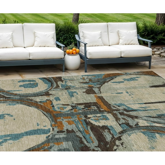 HomeRoots 589373 10 x 14 ft. Geometric Washable Indoor & Outdoor Rectangle Area Rug, Beige, Brown & Copper