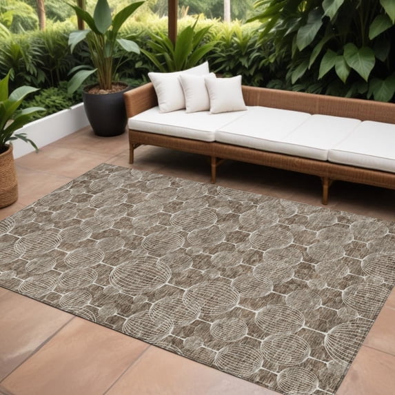 10' X 14' Chocolate And Beige Geometric Washable Indoor Outdoor Area Rug