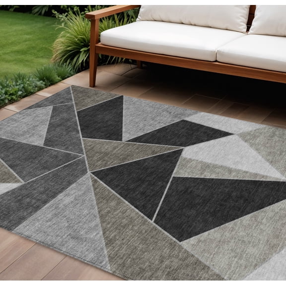 10' X 14' Coffee Charcoal And Gray Geometric Washable Indoor Outdoor Area Rug