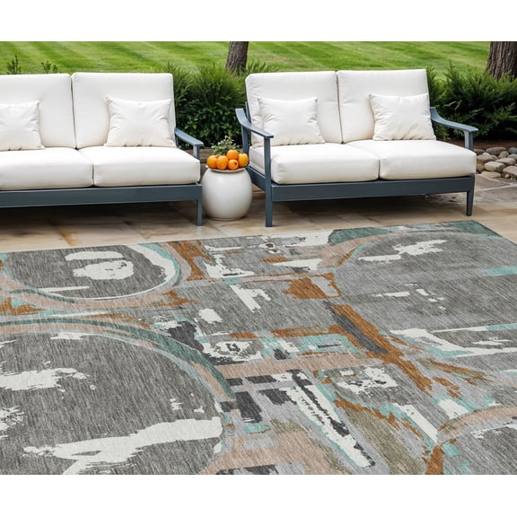 HomeRoots 589391 10 x 14 ft. Geometric Washable Indoor & Outdoor Rectangle Area Rug, Gray, Copper & Mint Green