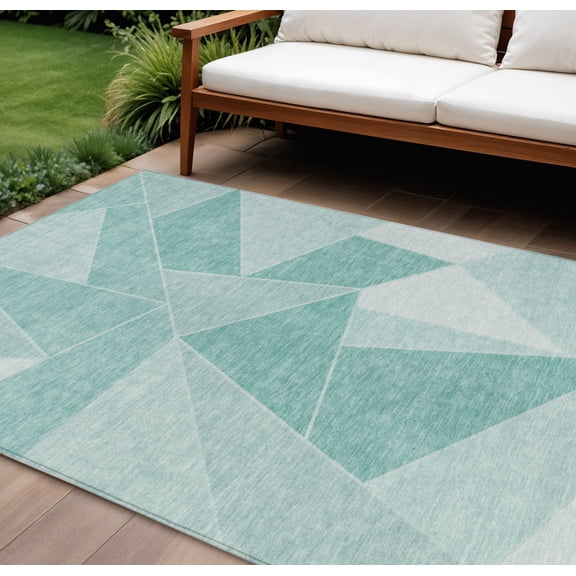 HomeRoots 580010 10 x 14 ft. Geometric Washable Indoor & Outdoor Rectangle Area Rug, Green, Mint Green & Aqua