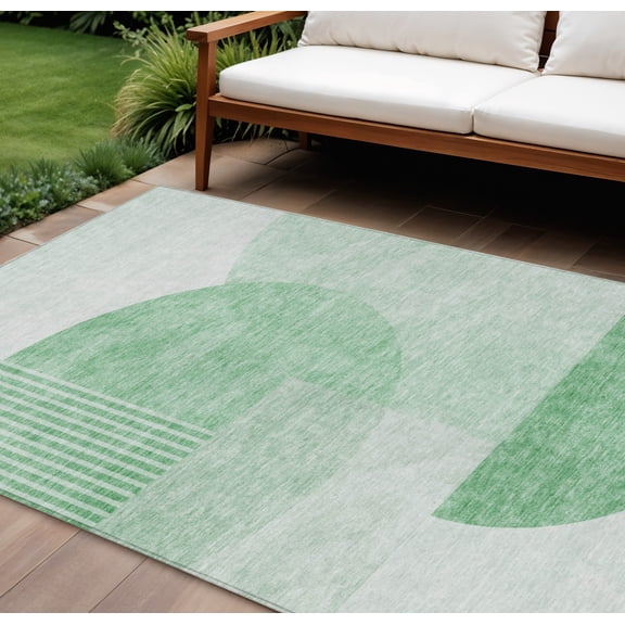 10' X 14' Green And Mint Green Geometric Washable Indoor Outdoor Area Rug