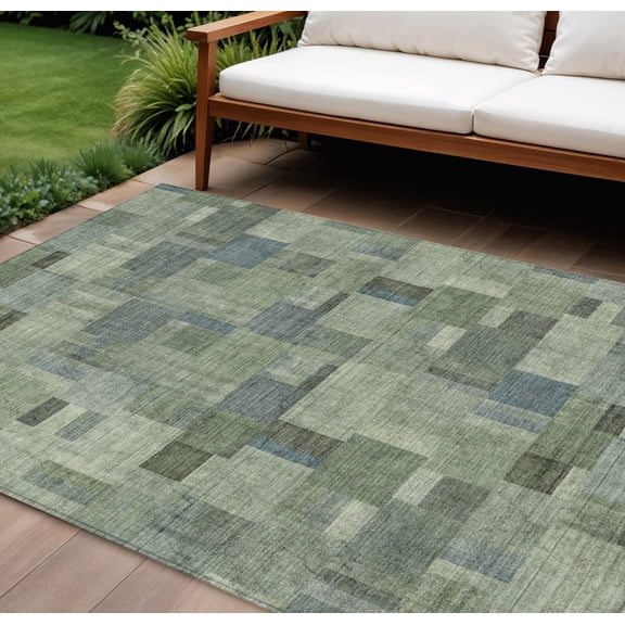 10' X 14' Green And Mint Green Geometric Washable Indoor Outdoor Area Rug