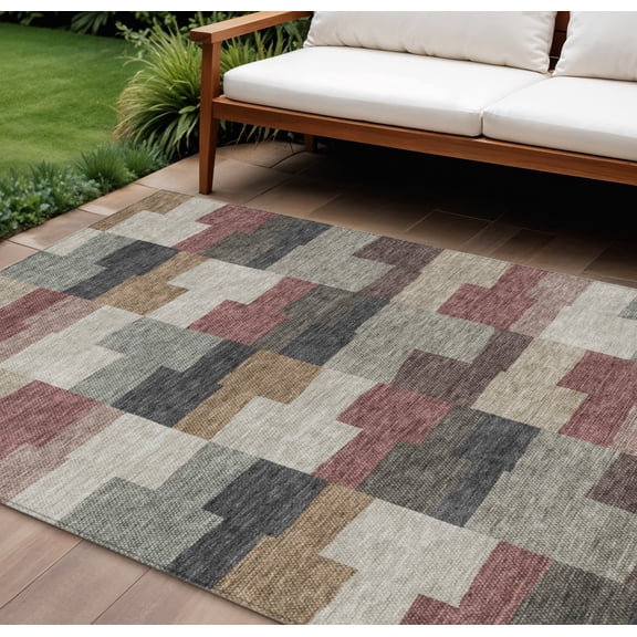 10' X 14' Orange Copper And Charcoal Geometric Washable Indoor Outdoor Area Rug