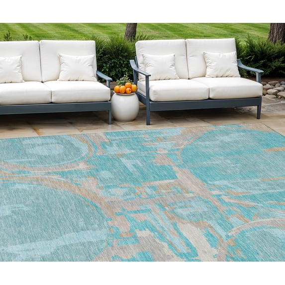 HomeRoots 589439 10 x 14 ft. Geometric Washable Indoor & Outdoor Rectangle Area Rug, Teal Blue, Aqua & Taupe
