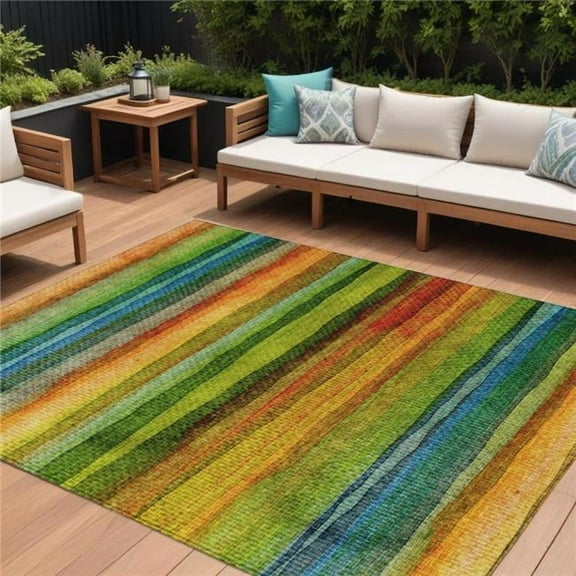 HomeRoots 631214 10 x 14 ft. Green Teal Blue & Copper Striped Washable Indoor & Outdoor Rectangle Area Rug