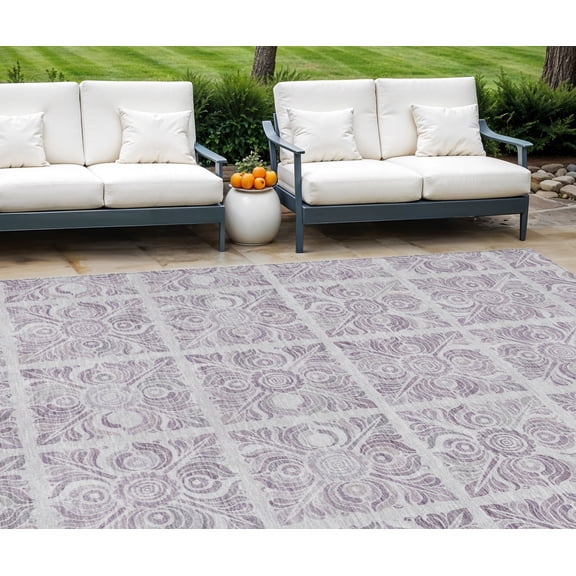 10' X 14' Lavender And Silver Medallion Washable Indoor Outdoor Area Rug