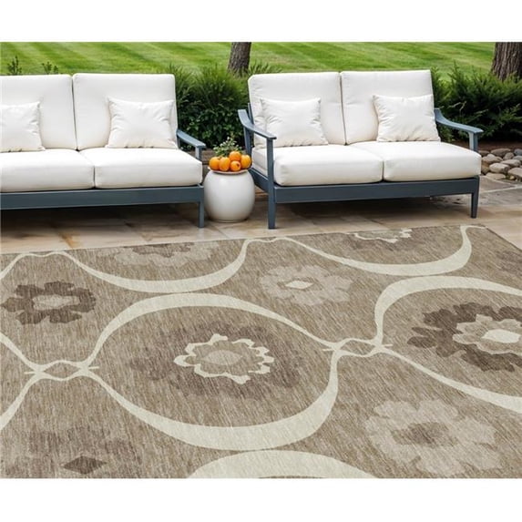 HomeRoots 589655 10 x 14 ft. Medallion Washable Indoor & Outdoor Rectangle Area Rug, Taupe, Brown & Ivory