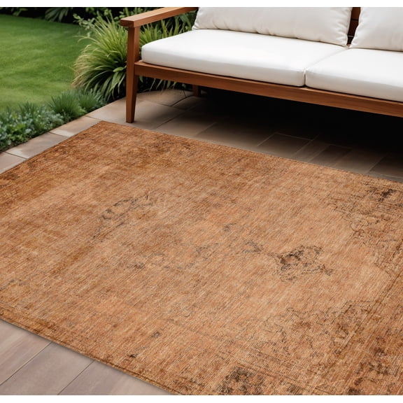 10' X 14' Copper Orange And Brown Oriental Washable Indoor Outdoor Area Rug