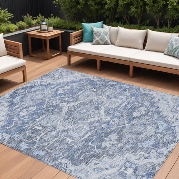 HomeRoots 586395 10 x 14 ft. Oriental Washable Indoor & Outdoor Rectangle Area Rug, Denim Blue & Sky Blue