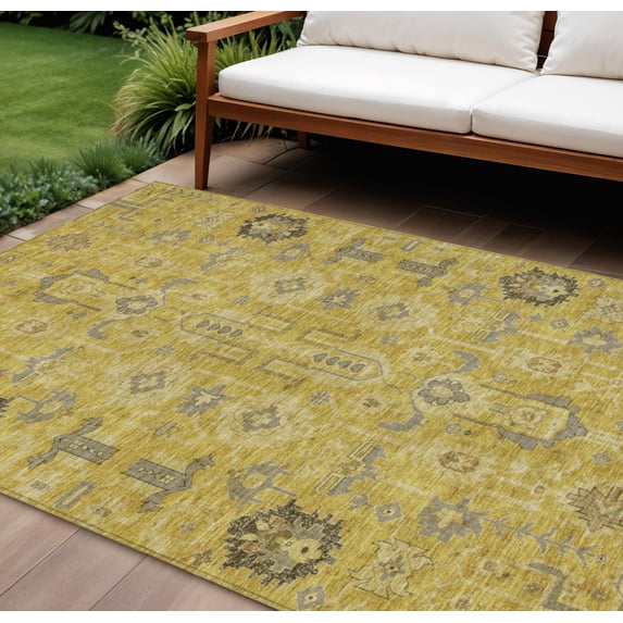 10' X 14' Gold Wheat And Gray Oriental Washable Indoor Outdoor Area Rug