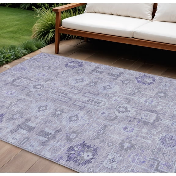 10' X 14' Lavender Purple And Gray Oriental Washable Indoor Outdoor Area Rug
