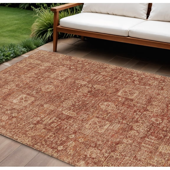 HomeRoots 579654 10 x 14 ft. Oriental Washable Indoor & Outdoor Rectangle Area Rug, Orange, Copper & Terra Cotta