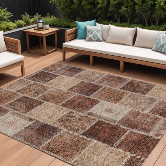 HomeRoots 586329 10 x 14 ft. Patchwork Washable Indoor & Outdoor Rectangle Area Rug, Orange, Copper & Beige