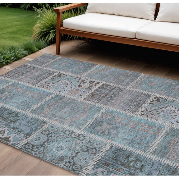 10' X 14' Teal Blue Aqua And Beige Patchwork Washable Indoor Outdoor Area Rug