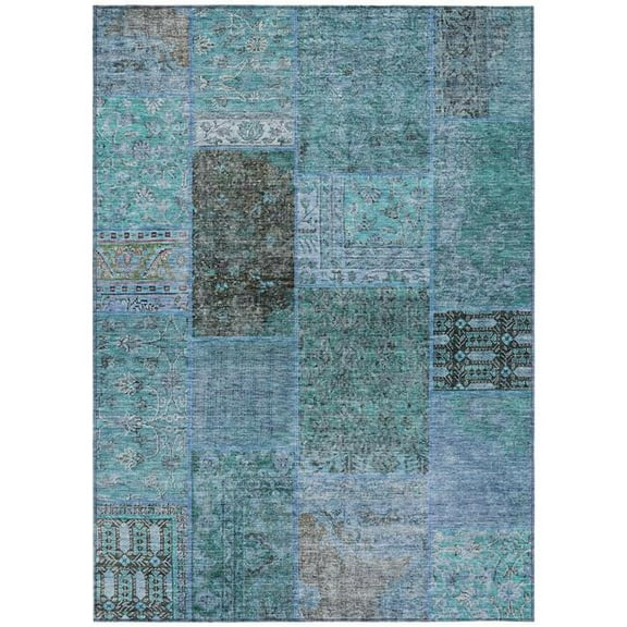 HomeRoots 580927 10 x 14 ft. Patchwork Washable Indoor & Outdoor Rectangle Area Rug, Teal Blue, Aqua & Gray