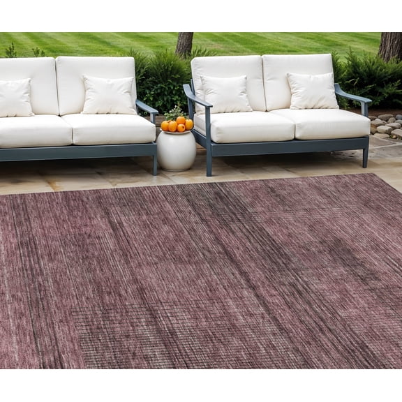 10' X 14' Merlot And Gray Striped Washable Indoor Outdoor Area Rug