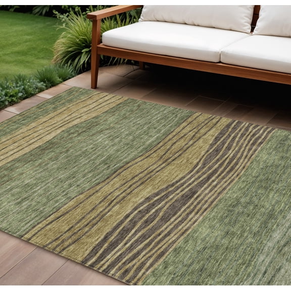 10' X 14' Olive Green And Chocolate Striped Washable Indoor Outdoor Area Rug