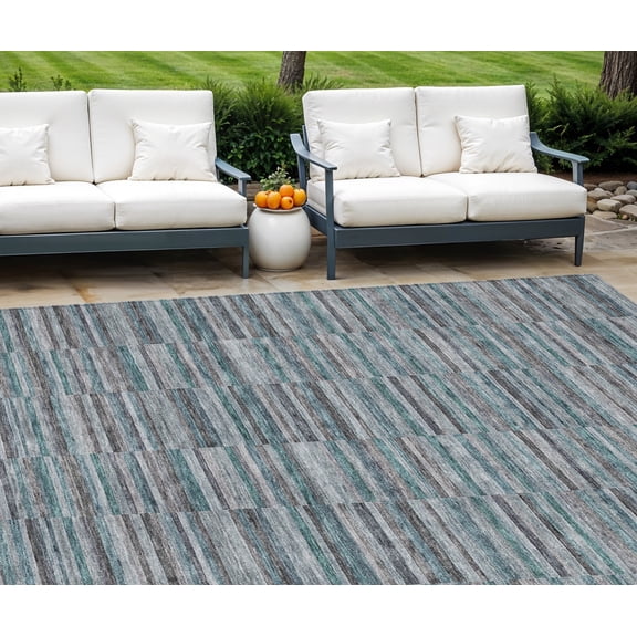HomeRoots 587943 10 x 14 ft. Striped Washable Indoor & Outdoor Rectangle Area Rug, Teal Blue, Aqua & Gray