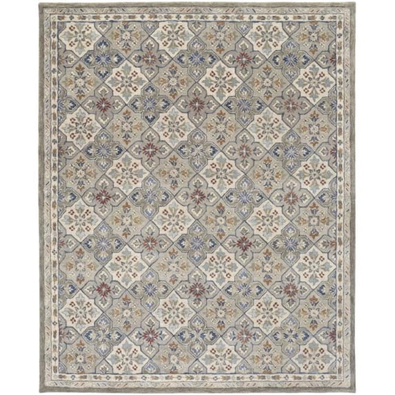 HomeRoots 10 x 14 ft. Taupe Ivory & Red Wool Patchwork Tufted Handmade Stain Resistant Area Rug