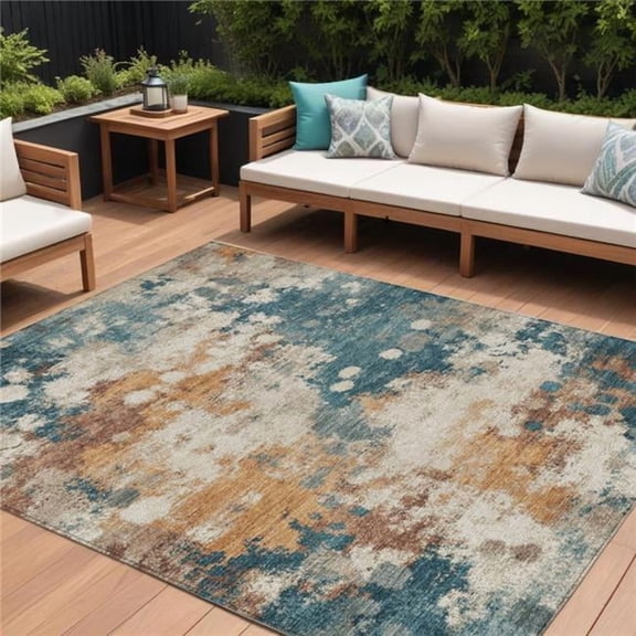 HomeRoots 631980 10 x 14 ft. Teal Blue & Copper Abstract Washable Indoor & Outdoor Rectangle Area Rug