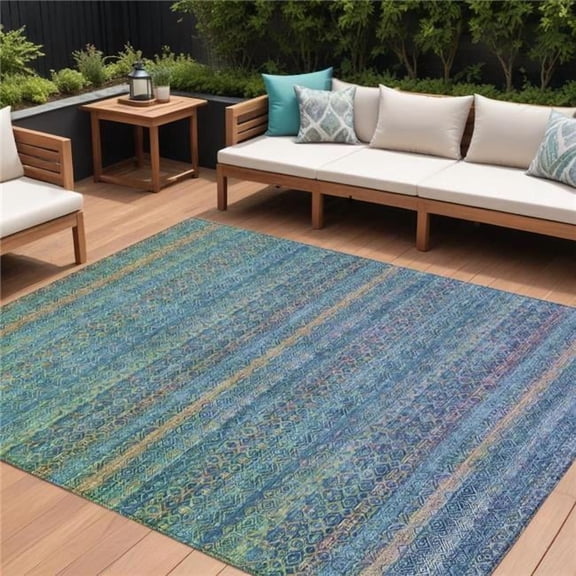 HomeRoots 631736 10 x 14 ft. Teal Blue & Copper Striped Washable Indoor & Outdoor Rectangle Area Rug