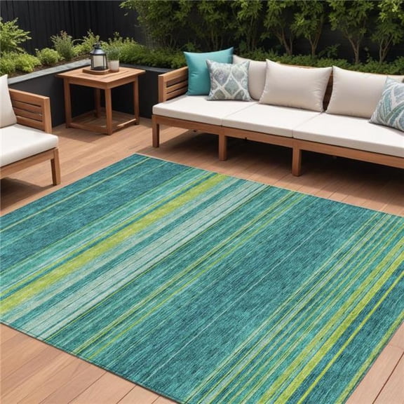 HomeRoots 614844 10 x 14 ft. Teal Blue Lime Green & Turquoise Striped Washable Indoor & Outdoor Rectangle Area Rug