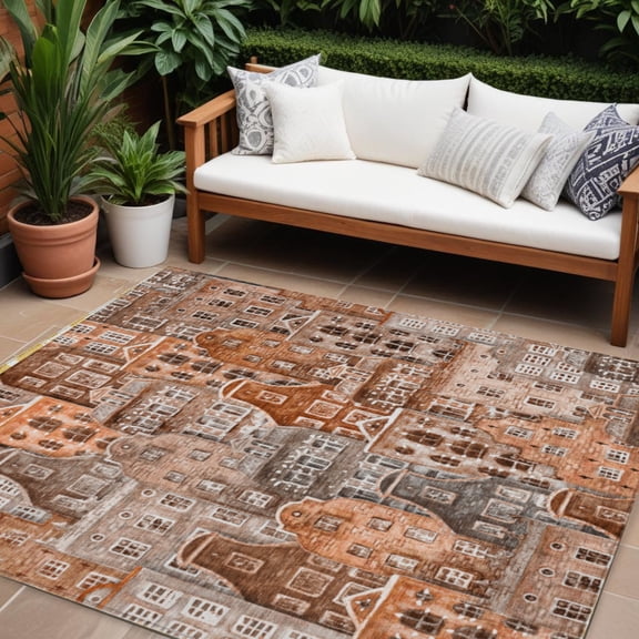 10' X 14' Orange Copper And Salmon Village Houses Washable Indoor Outdoor Area Rug