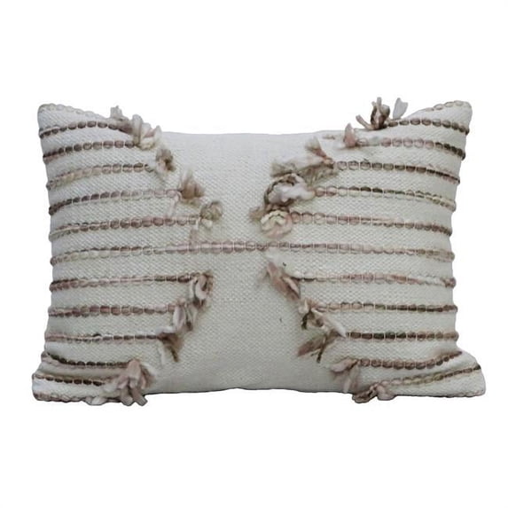 HomeRoots 10 x 14 x 20 in. Tan & White Zippered Cotton Blend Geometric Throw Pillow with Pom-poms