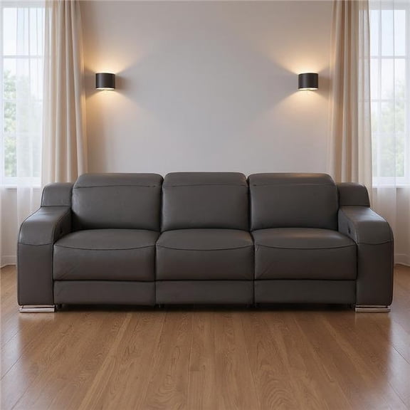 HomeRoots 632875 103 in. Dark Gray Italian Leather Reclining USB Sofa