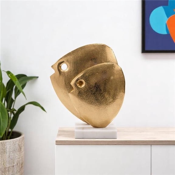 HomeRoots 628147 11 in. Gold & White Aluminum & Marble Fishes Tabletop Sculpture