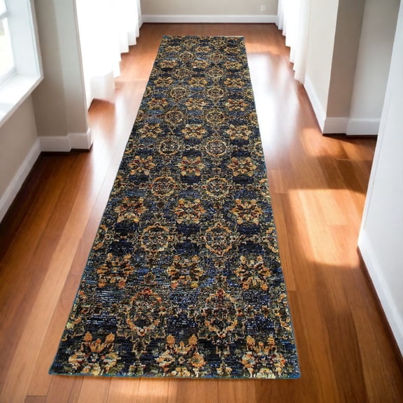 HomeRoots 12' Runner Blue And Gold Oriental Power Loom Runner Rug