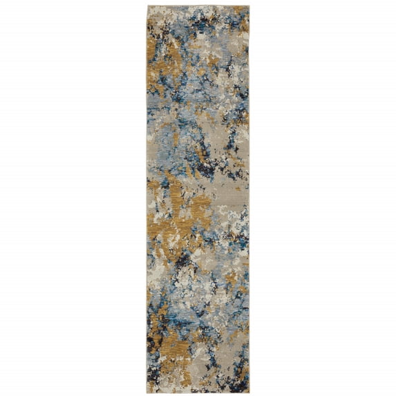 2' X 10' Gold Grey And Ivory Abstract Power Loom Stain Resistant Runner Rug