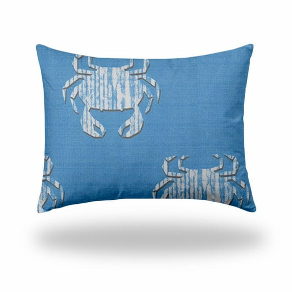 HomeRoots 12" X 16" Blue And White Crab Enveloped Coastal Lumbar Indoor Outdoor Pillow