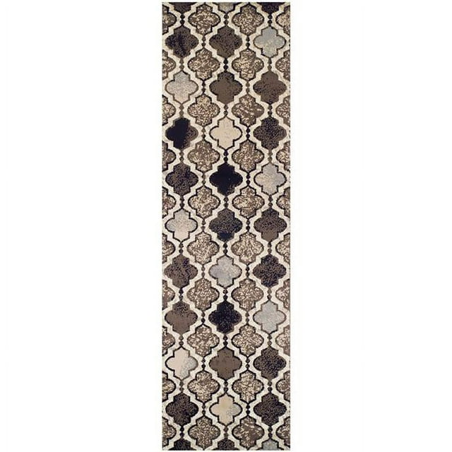 HomeRoots  12 ft. Ivory Quatrefoil Power Loom Distressed Stain Resistant Runner Area Rug - Ivory - 12 ft.