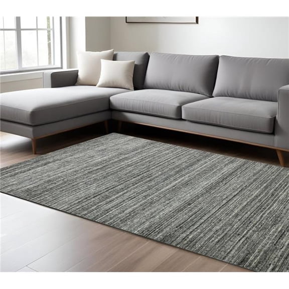 HomeRoots 570277 12 x 15 ft. Dark Gray & Ivory Wool Striped Hand Woven Rectangle Area Rug