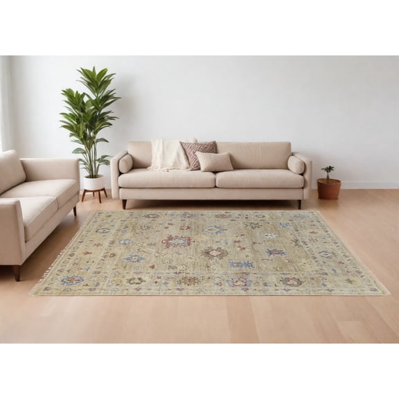 HomeRoots 567142 12 x 15 ft. Wool Floral Hand Knotted Rectangle Area Rug with Fringe, Tan, Brown & Blue